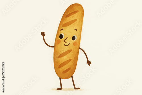 Cheerful cartoon baguette character waving with a smile