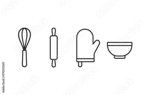 Set of kitchen utensils: whisk, rolling pin, oven mitt, mixing bowl icons