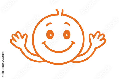 Happy smiling orange cartoon emoticon with raised hands and cheerful expression
