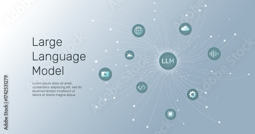 Large language modal, Data transfer, information flow, data stream, large language models, Artificial Intelligence (AI) technology innovation background.