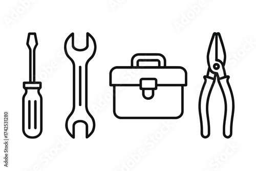 Toolkit essentials: screwdriver, wrench, toolbox, pliers - black outline icons
