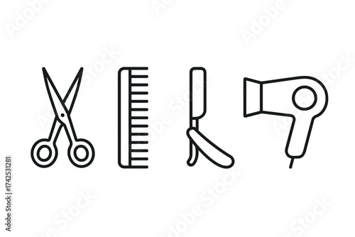 Hairdressing tools outline: scissors, comb, razor, hairdryer