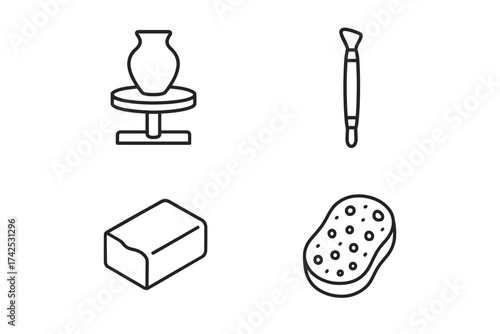 Pottery tools: pottery wheel, brush, sponge, and clay block icons
