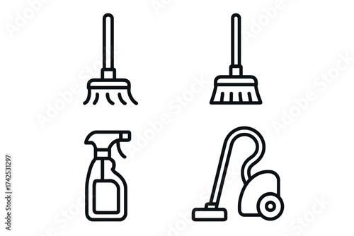 Simple line art of various cleaning tools including mop, broom, spray bottle, and vacuum cleaner