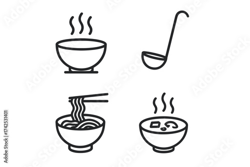 Simple line icons of steaming soup, ladle, noodles, and broth in bowls