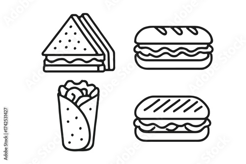 Outline icons of various sandwiches and wraps: club, baguette, wrap, panini