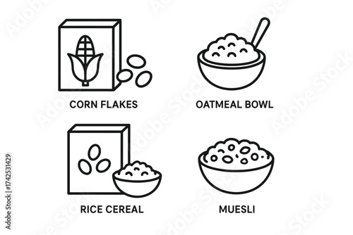 Breakfast cereal icons: corn flakes, oatmeal, rice cereal, muesli