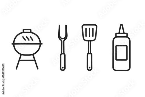 Outline bbq grill and utensils set with sauce bottle for outdoor cooking
