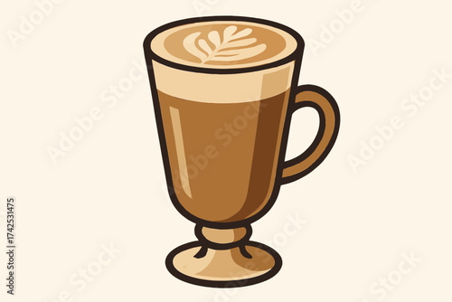Stylized latte art in a glass mug on cream background