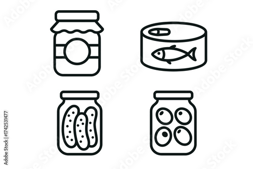 Vector icons of preserved foods: jam, fish, pickles, and olives in jars and cans