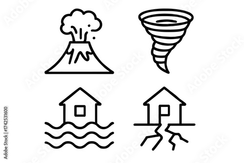 Natural disaster icons: volcano, tornado, flood, earthquake in black and white