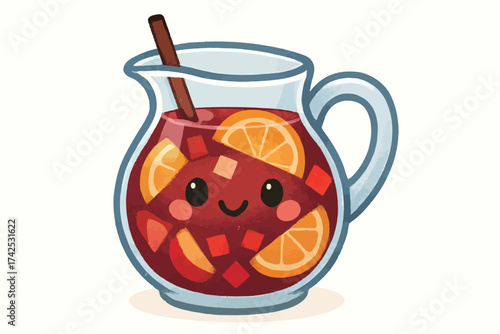 Cute cartoon pitcher with colorful fruit slices in refreshing beverages