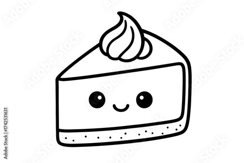 Cute kawaii cheesecake slice with smiling face and whipped cream topping