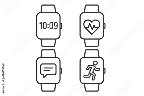 Set of smartwatch icons: time, heart rate, messages, fitness