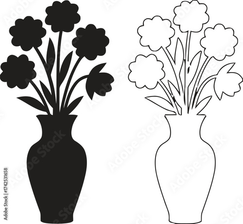 Elegant vector illustration of flowers in a vase silhouette and outline eps scalable graphic design silhouette vector illustration white background