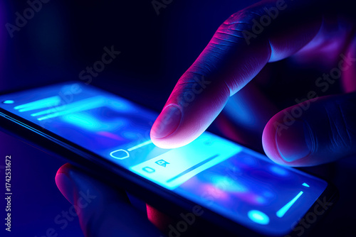 Close-up of a finger interacting with a smartphone displaying app icons and notifications in neon light