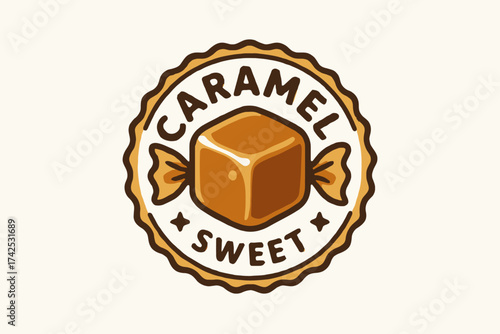 Caramel candy logo emblem with sweet brown cube and vintage border design