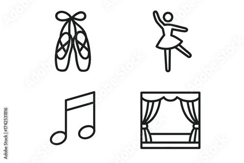 Ballet symbols: pointe shoes, dancer, musical note, stage icon set