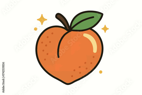 Cartoon peach illustration with leaves and sparkles on white background