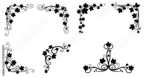 Elegant black vine and leaf corner designs for decorative borders