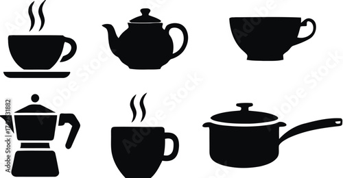 Vector icons of tea pots cups and coffee makers for food beverage and kitchen graphics silhouette vector illustration white background
