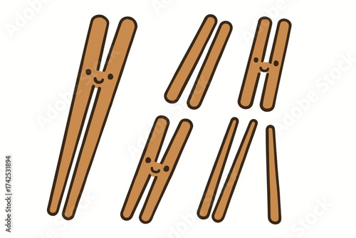 Cute cartoon chopsticks with faces on white background
