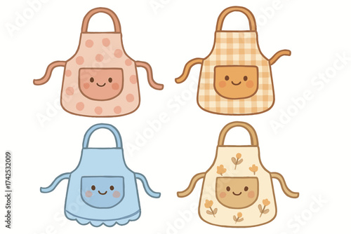 Cute cartoon aprons with smiling faces in various colors and patterns