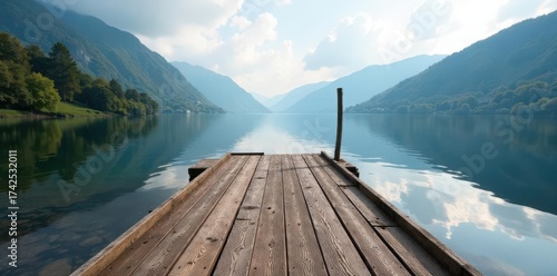 Rustic wooden landing stage on Derwentwater lake , mooring, pier