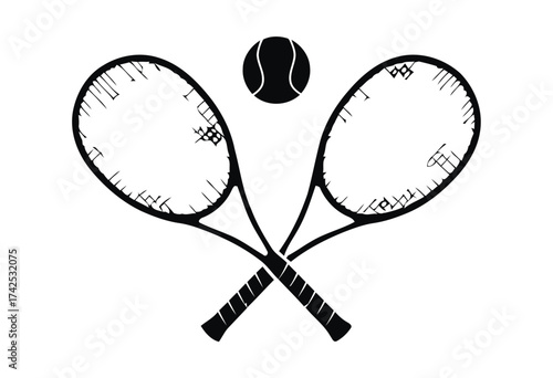 Crossed tennis rackets and ball vector illustration scalable eps icon for sports and recreation designs silhouette vector illustration white background