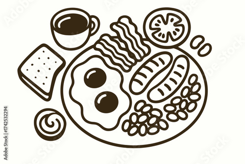 Classic breakfast illustration: eggs, bacon, sausages, beans, toast, coffee