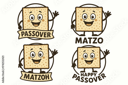 Happy cartoon matzo characters celebrating passover with joyful expressions