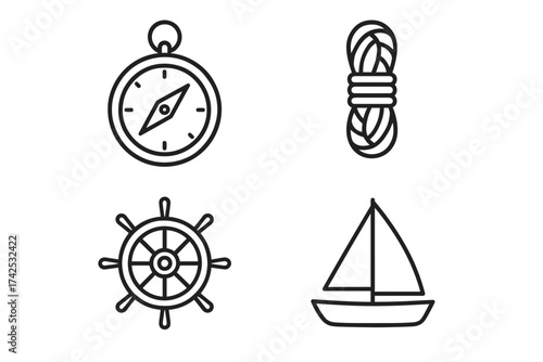 Nautical icons: compass, rope, ship wheel, sailboat - simplistic line art symbols