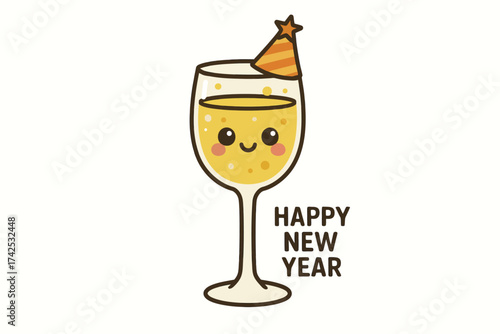 Cheerful cartoon champagne glass with party hat celebrating new year
