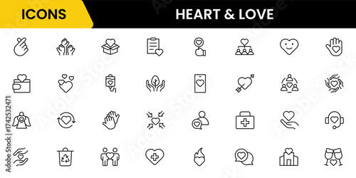 Heart, love, charity, and donation outline icons are set isolated on a white background in a flat vector illustration.