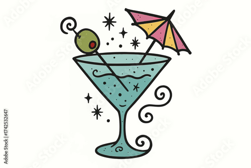 Colorful martini glass with olive and cocktail umbrella illustration