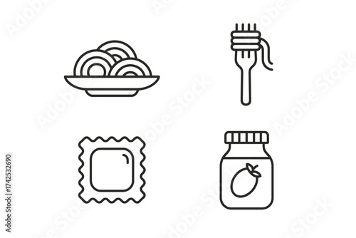 Line art icons of pasta shapes and jar for italian cuisine design