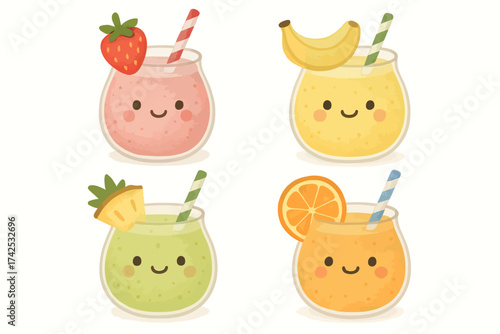 Cute and colorful cartoon smoothies with fruit toppings and smiling faces