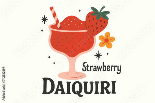Strawberry daiquiri illustration with cocktail glass, straw, and decorations