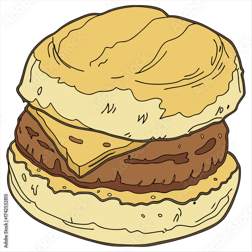 A tempting golden-brown biscuit sandwich featuring a juicy sausage patty, perfect for a quick and satisfying breakfast with a slightly crisp texture and warm tones with white background