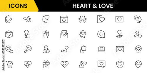 Heart, love, charity, and donation outline icons are set isolated on a white background in a flat vector illustration.