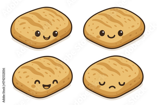 Cute cartoon bread rolls with various expressions on white background