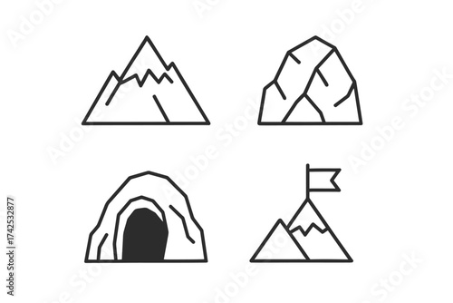 Mountain and rock outline icons with cave and flag