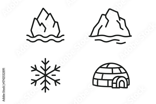 Simple winter icons featuring icebergs, snowflake, and igloo