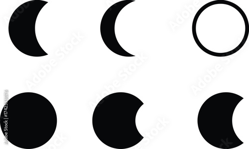 Vector moon phases illustration set scalable eps icon for celestial astronomy science and space exploration silhouette vector illustration white background