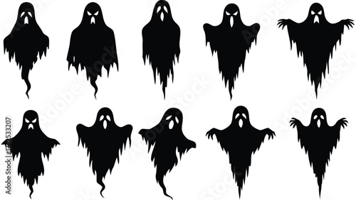 Set of ten spooky black ghost illustrations vector graphics scalable eps icon for halloween silhouette vector illustration white background
