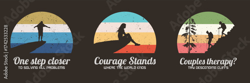 Couple at mountain range. People hiking on cliff. 60s retro label set