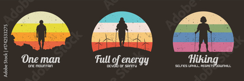 Walking man and windmills. Hiking with trekking poles. 60s label set