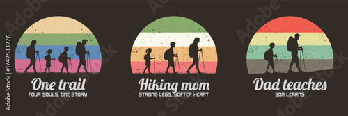 Family travel. Parents and children and trekking poles. 60s label set