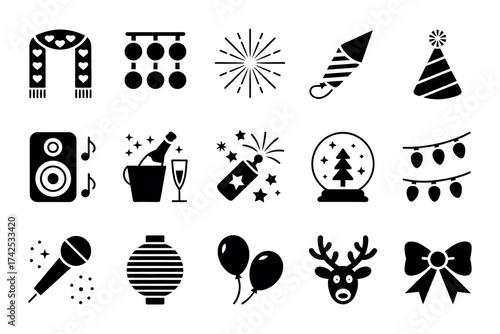 Vector art of collection of festive party icons, perfect for new years eve celebration