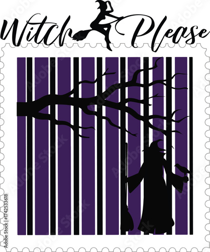 Witch please halloween silhouette with stripes broom and dead tree. Halloween creative vector art. Stampless pattern